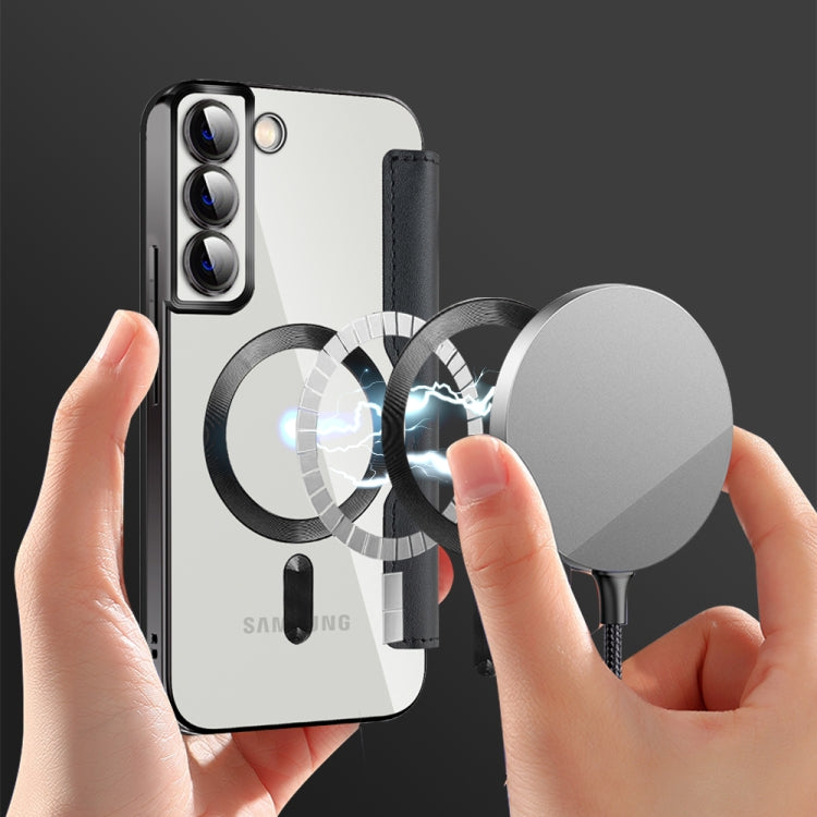 For Samsung Galaxy S22+ 5G MagSafe Magnetic RFID Anti-theft Leather Case in black, showcasing its sleek design and RFID protection features.